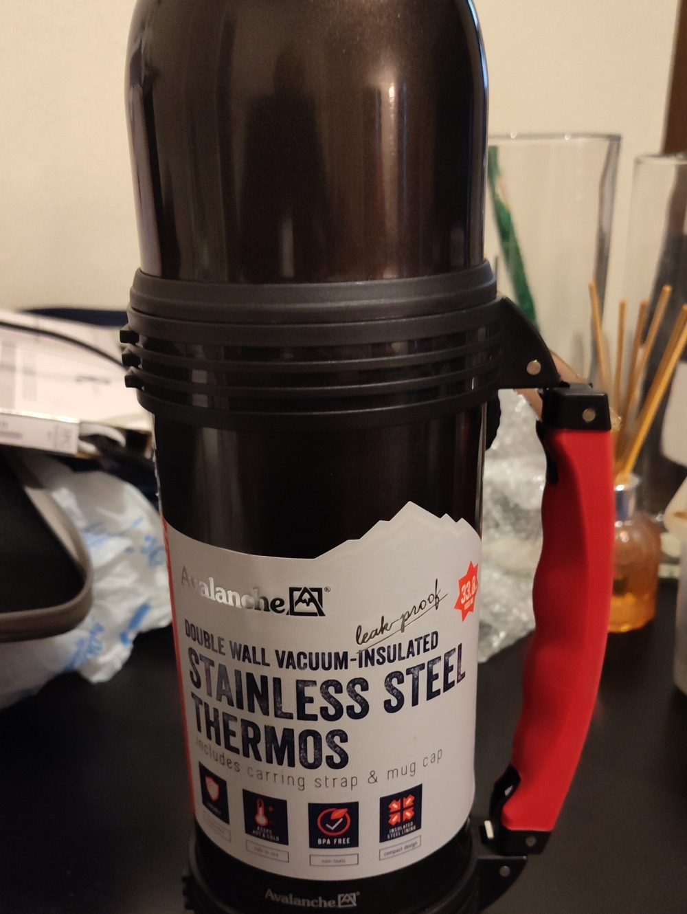 Avalanche Stainless Steel Thermos with Red Handle and Dark Brown Body